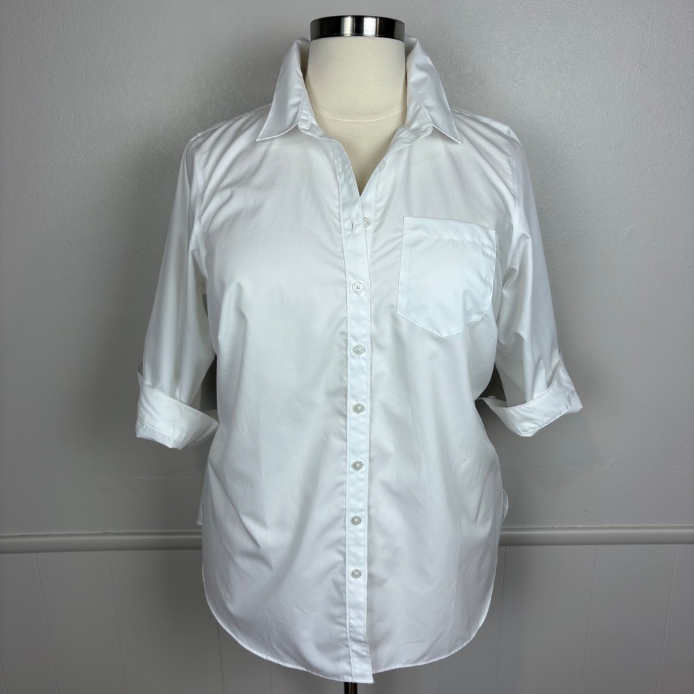 Lands End Womens No Iron Supima Cotton Button Front Tunic Shirt Size 16W White